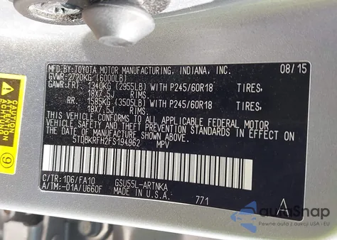 2015 Toyota Highlander Le Plus V6 z USA, uszkodzony, nr VIN 5TDBKRFH2FS194962